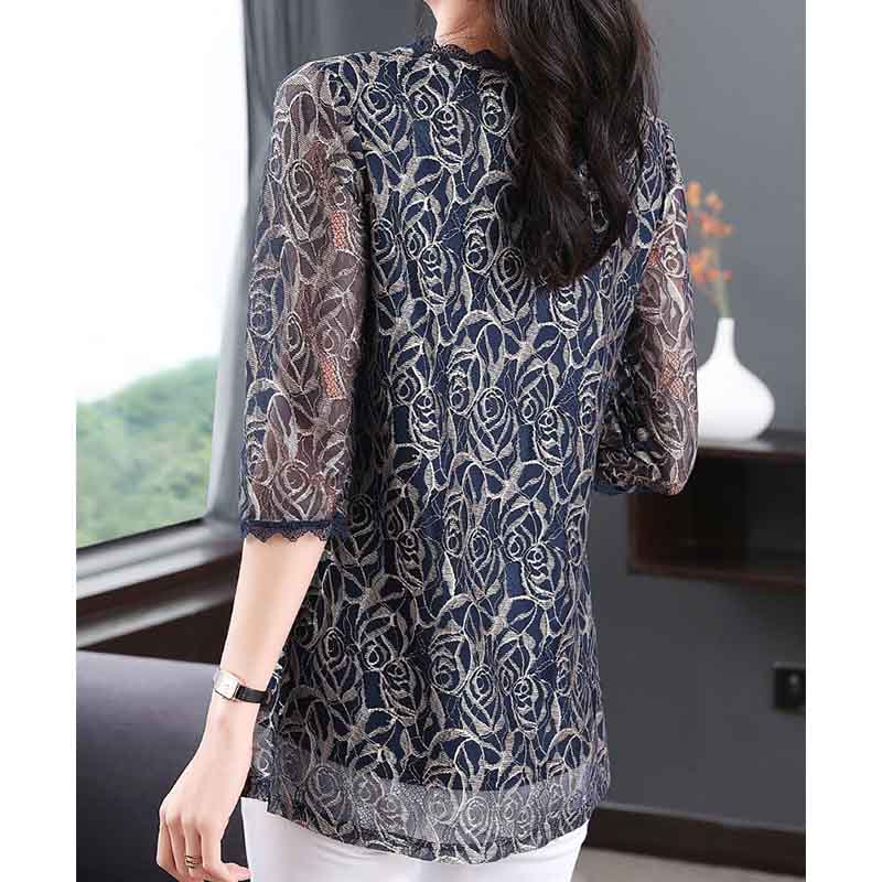 Three-quarter Sleeve Lace Bottoming Shirt Women's Mid-length Mid-sleeve Large Size Hollow Loose Mesh Top