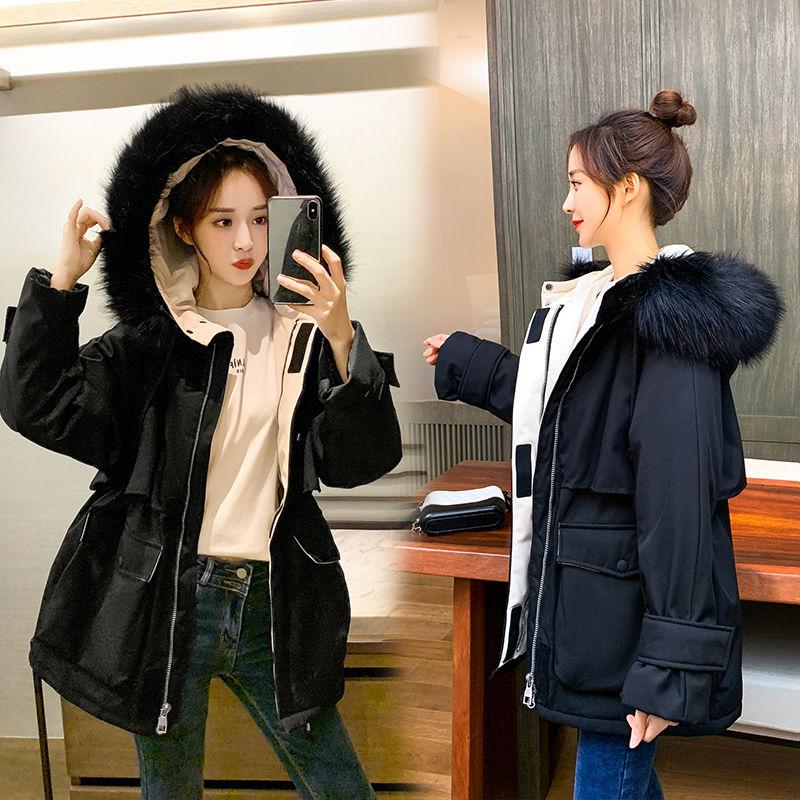 Fashionable Mid-length Down Cotton Winter Outdoor Fur Collar Thick Windproof Warmth Loose Down Padded Jacket