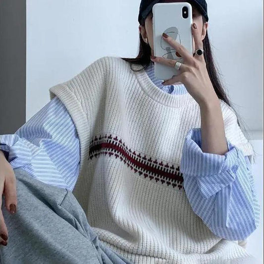 One-piece Retro Casual Simple Style Knitted Vest Sweater Women's Round Neck Thin Sweater Loose Casual All-match Sweater Vest