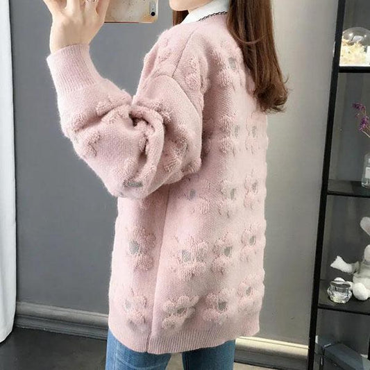 Women's Large Size Vintage Loose Knitted Cardigan Spring and Autumn Long Sleeve V-neck Knitted Short Sweaters