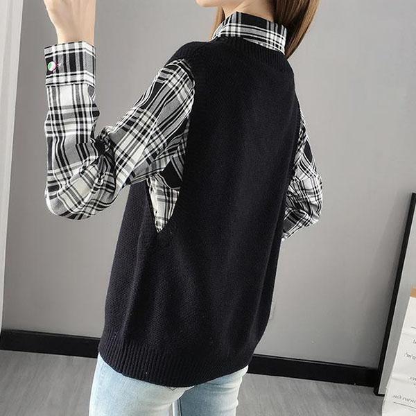 Women's Waistcoat Patchwork Knitted Tops Spring and Autumn Lapel Neck Large Size Tops Loose Casual Knitted Pullover