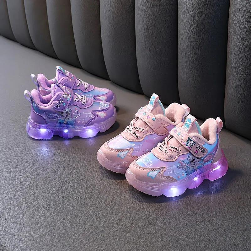 Autumn and Winter Lights Girl's Shoes Girl's Baby Walking Shoes Middle and Small Children's Two Cotton Shoes Girl's Running Shoes Soft Sole