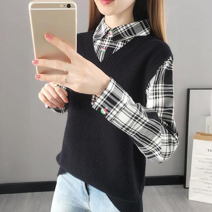 Women's Waistcoat Patchwork Knitted Tops Spring and Autumn Lapel Neck Large Size Tops Loose Casual Knitted Pullover