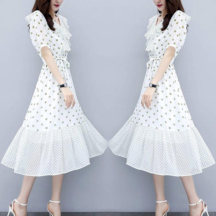 Women Chiffon Polka Dot Dress Slim Short Sleeve V-Neck A-line Vacation Beach Sun-dresses