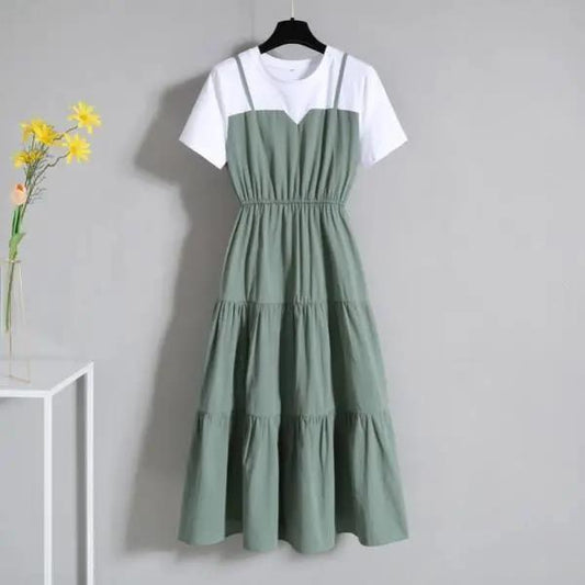 Women Vintage High Waist Round Neck Holiday Splicing Dress Elegant Slim Large Size Pleated Short Sleeve Casual Dress