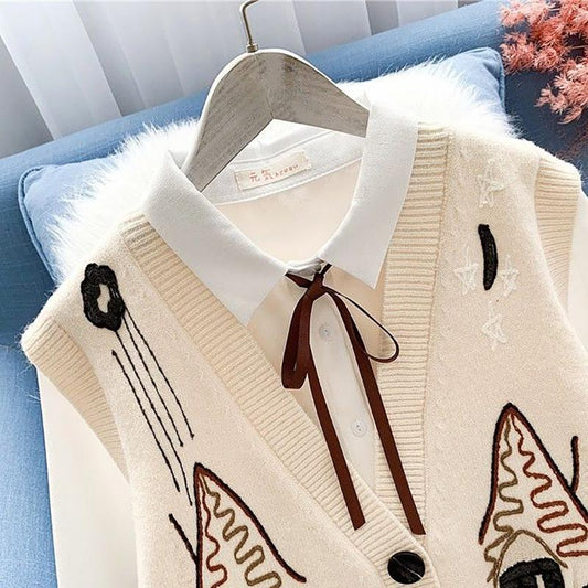 Spring and Autumn Forest Knitted Vest Women's Loose Sleeveless Jacket and Sweater Waistcoat Embroidered Waistcoat