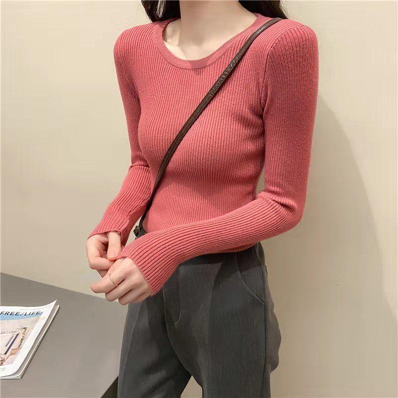 All-match Solid Color Top Women's Thin Soft and Comfortable Sweater Round Neck Pullover Tight-fitting Thin Inner Base Shirt