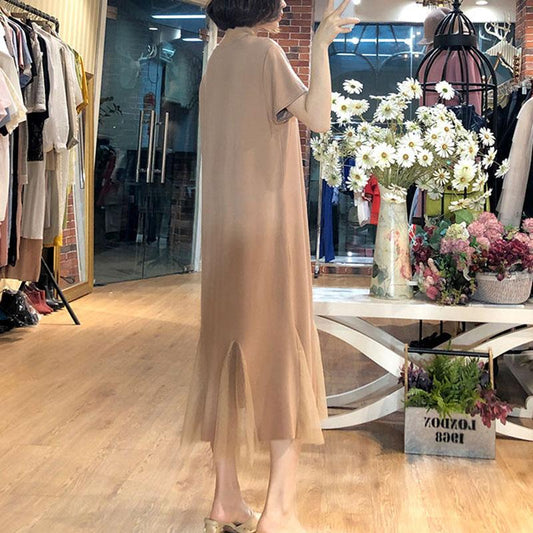 Female Vintage High Waist Super Fairy Holiday Dress Elegant Slim Solid Color Soft Pleated Dress