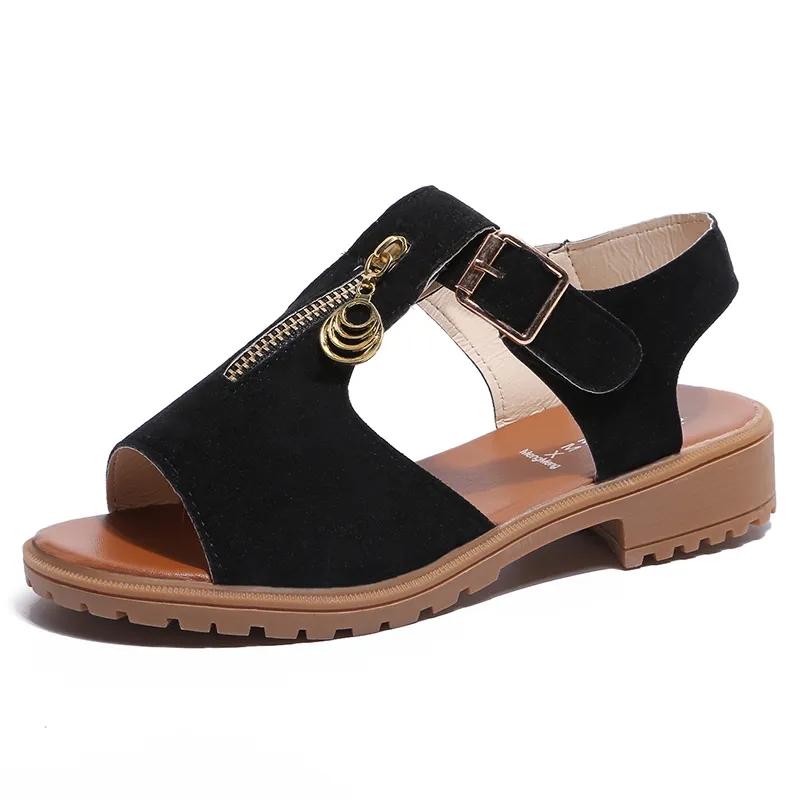 Women's Flat Sandals Summer One Word Buckle Shoes Zipper Stitching Flat Heels Simple Korean All-match Casual Sandals Soft Sole Comfortable Sandal