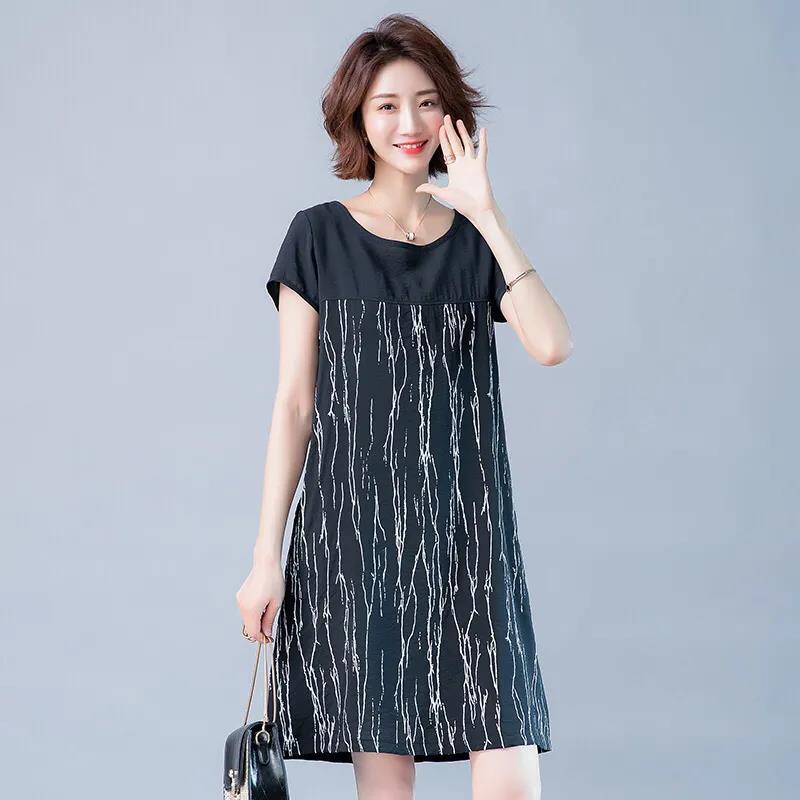 Summer Plus Size Mother Dress Stitching A-line Cotton and Linen DRESS Mid-length Dress