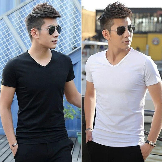 Two-piece Short-sleeved T-shirt Men's V-neck Solid Color Black Tide Top Slim Bottoming Shirt Summer T-shirt