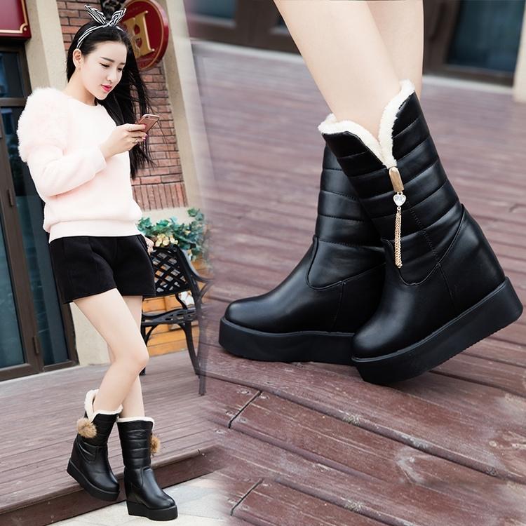 Outdoor Waterproof Snow Boots Women  Thick Non-slip Mid-calf Leather Boots Plus Velvet Warm Cotton Boots Thick-soled Wedge Increase Winter Boots