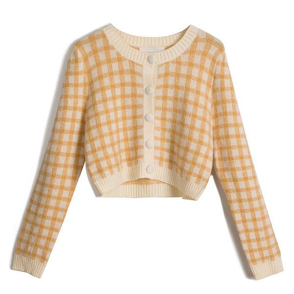 Warm Checkerboard All-match High Waist Retro Plaid Sweater Women Short Cardigan Sweater Autumn