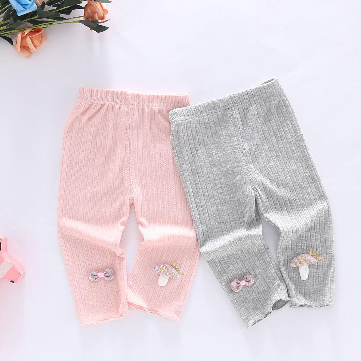 Girls' Leggings Children's Spring and Autumn Thin Bow Mushroom Korean Cropped Trousers Stretch Pants Baby Outer Wear and Inner Wear