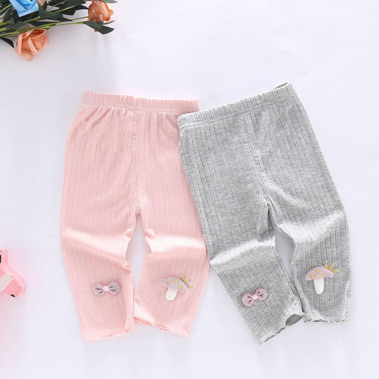 Girls' Leggings Children's Spring and Autumn Thin Bow Mushroom Korean Cropped Trousers Stretch Pants Baby Outer Wear and Inner Wear