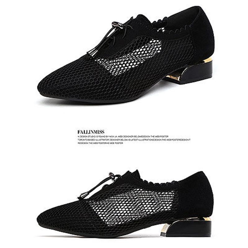 Women's Black Leather Sandals Summer Mesh Hollow Lace-up Low-heeled Thick-heeled Pointed Mother Single Shoes Sandals Women