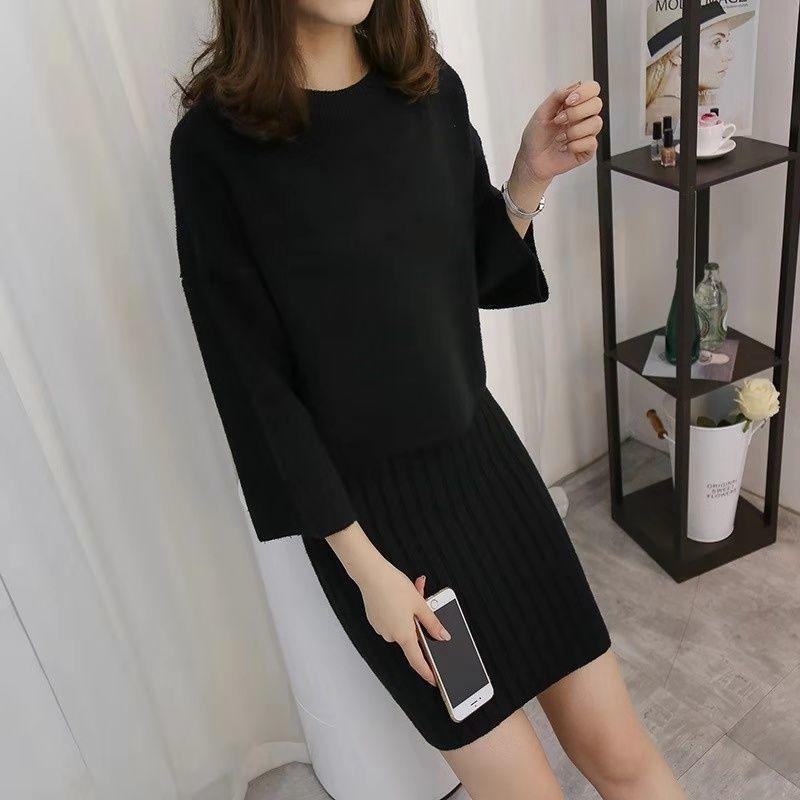 Loose Sweater Suit Women Pullover Sweater and Knitted sleeveless Strap Sweater Dress Two-piece Set Spring Autumn Solid Color Student Fashion Outfits