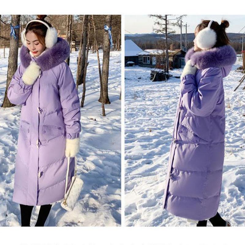 Ladies Down Jacket Winter Fashion Big Fur Collar Hooded Jacket Thick and Cotton Warm Mid-length Jacket