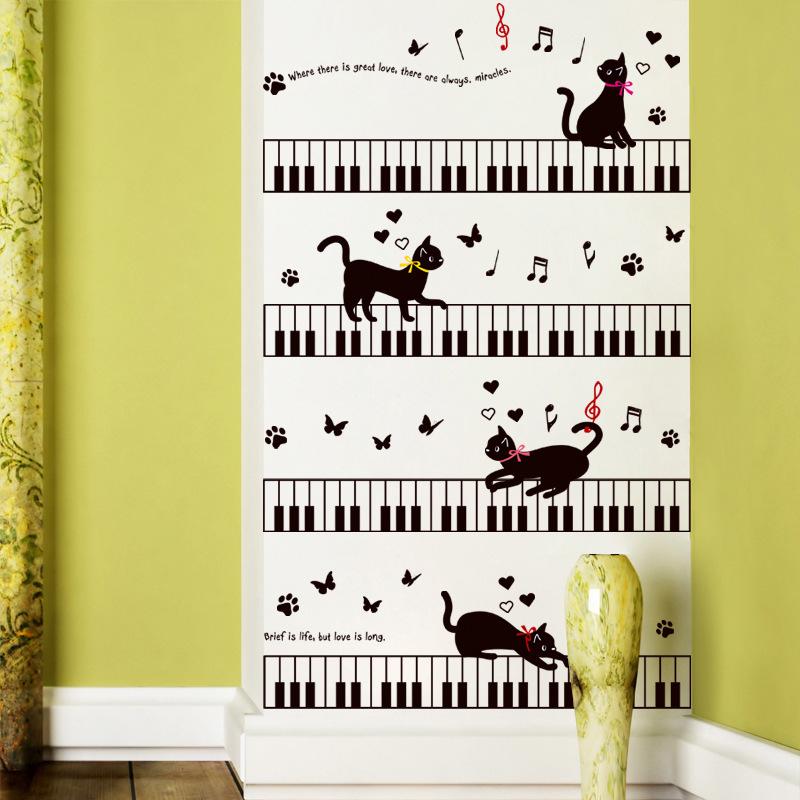 Cat child room bedroom kindergarten background wall stickers green mural on the piano music sticker