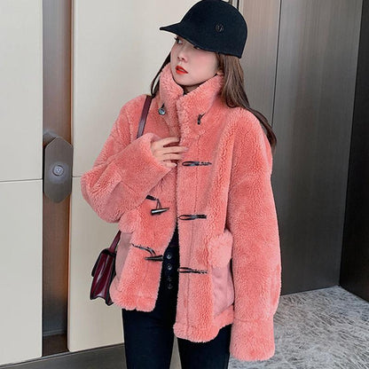 Winter All-match Age-reducing Lamb Fur Coat with Horns Buckle Female Thickened Warm Furry Short Fur Coat