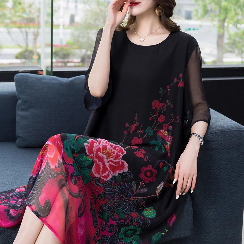 XL-XXXXXXL Women's Summer Dress Middle-aged Mother Chiffon Veil Short Sleeve Round Neck Large Size Over The Knee Daily Wear