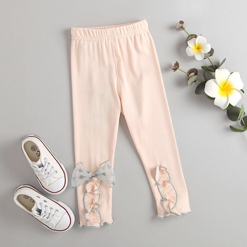 Girls' Leggings Children's Spring and Autumn Thin Bow Korean Cropped Trousers Stretch Pants Baby Outer Wear and Inner Wear