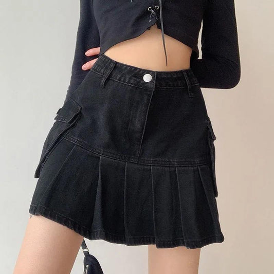 High Waist Versatile Ultra Short A-Line Skirt Spring Retro Denim Pleated Skirt