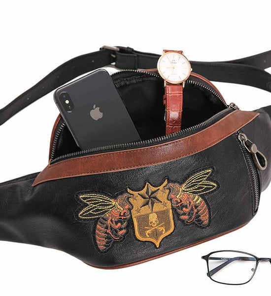 Waist Bag Men Black Bee Embroidery Multi-pocket Chest Bag Outdoor Leisure Sports Shoulder Bag