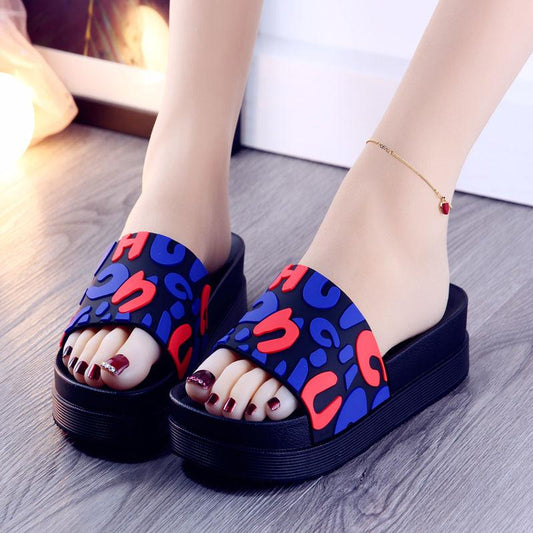 Slippers Women's Home Wear Summer Letters Thick-soled Sandals All-match Mid-heel Sequined Women's Slippers Sexy and Cute