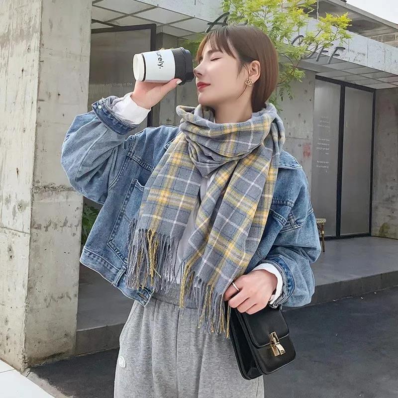 Winter Imitation Cashmere Scarf Korean Fashion Fringed Plaid Scarf Women's Dual-use Lengthened Thick Shawl Scarf