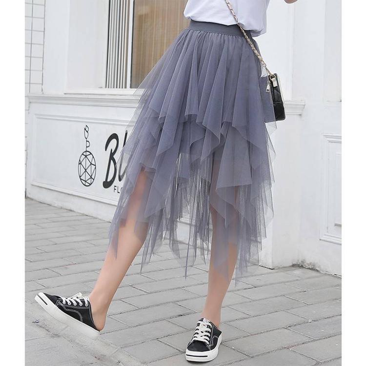 Women Irregular Tulle Skirts Fashion Elastic High Waist Tutu Skirt Pleated Long Skirts Midi Skirt