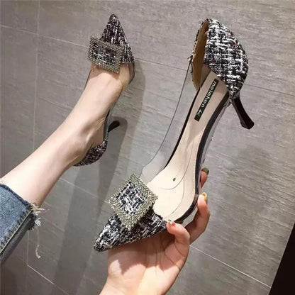 French Girl High Heels Female Stilettos Korean Version of All-match Rhinestone Transparent Pointed Toe Sexy High Heels