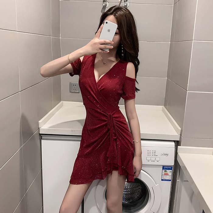 Pofulove Women V-neck Off Shoulder Mermaid A-line Dress Slim Sexy V-neck Mid-length Nightclub Dress