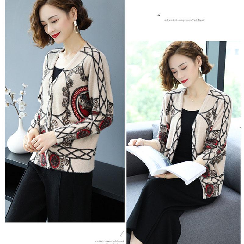 Artificial Mink Cashmere Cardigan Jacket Women's Printed Knit Sweater Autumn Winter  Short Knitted Jacket