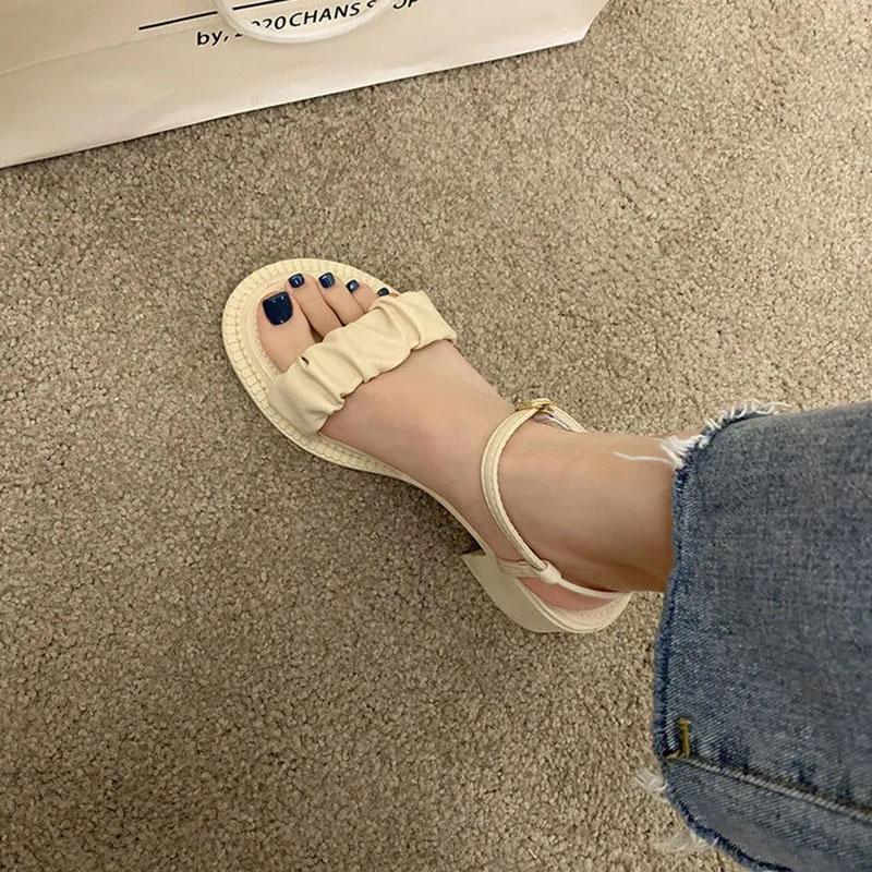 Women's Summer Chunky Heel Sandals Simple All Match Open Toe High Heels Solid Color Pleated Non-slip Sandals