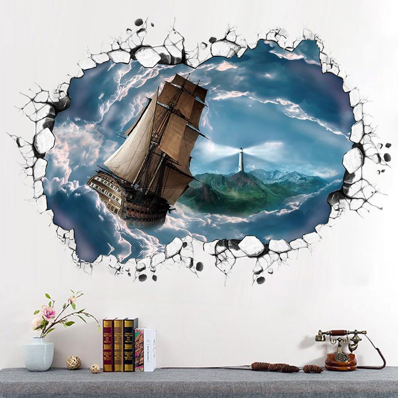 Big Sailboat Wall Stickers 3d View Sea Wallpapers Office Decoration Pvc Wall Decals /Adhesive For So