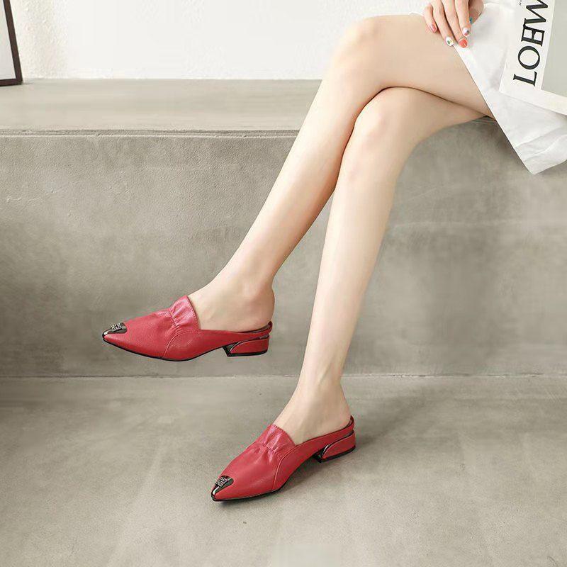 Soft Leather Slippers Summer Wear Fashion Ladies Toe Cap Sandals Red Women Leather Shoes