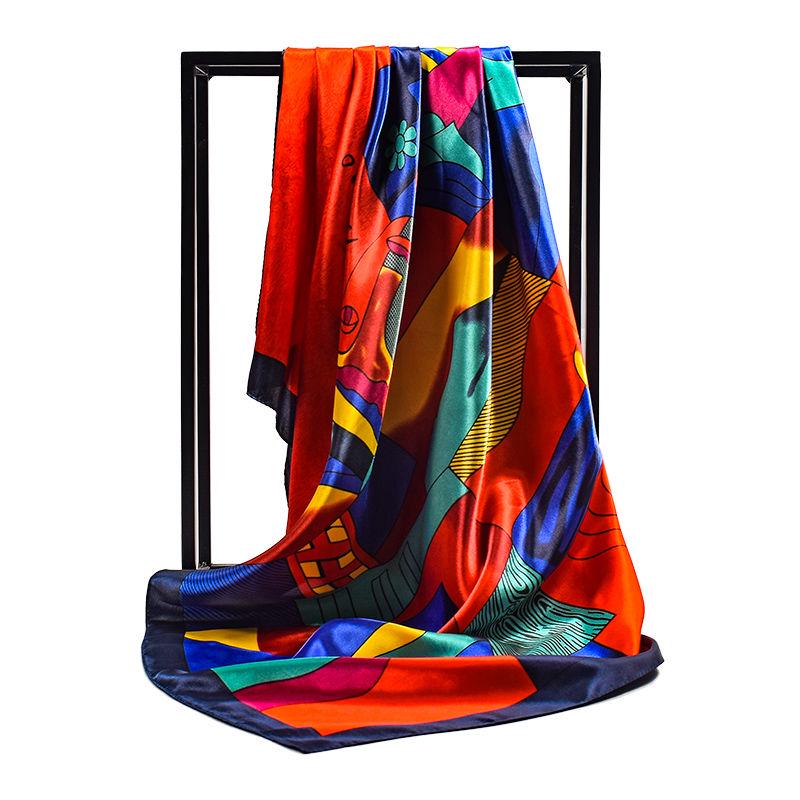 Female Satin Scarf Big Square Scarves Printed Women Scarf Polyester Silk Scarf Shawl 90*90cm