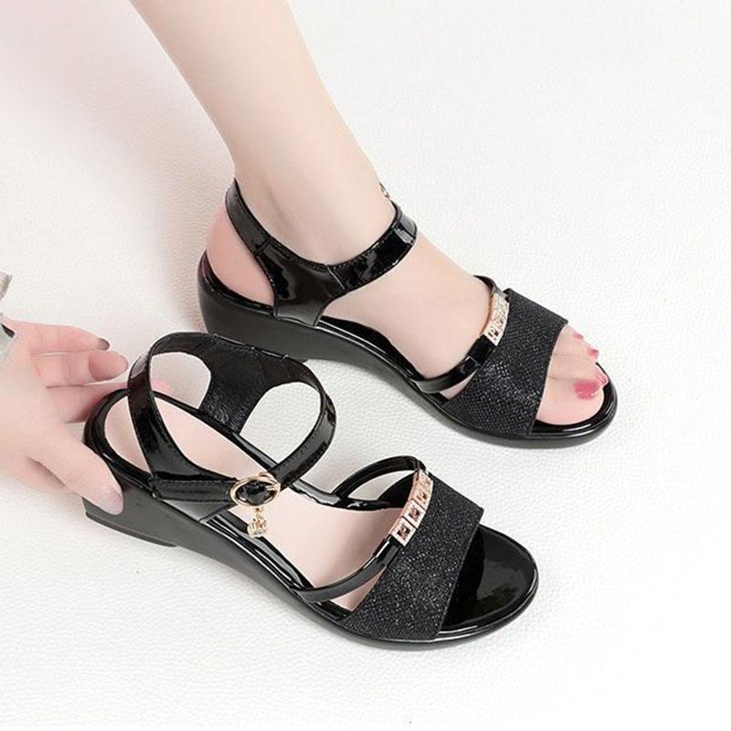 Leather Sandals Women's Open Toe Wedge Roman Shoes Women's Summer Thick Mid-heel All-match Soft Bottom Ladies Sandals