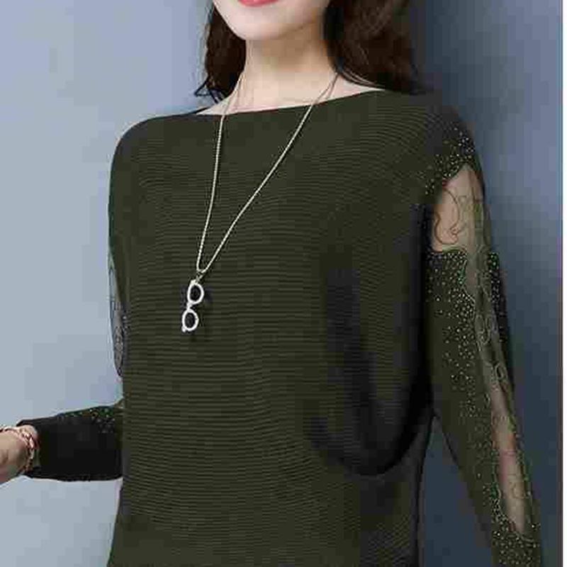 One Word Neck Short Knitwear Mesh Sleeve Spring and Autumn Sweater Women Loose Knit Bottoming Shirt