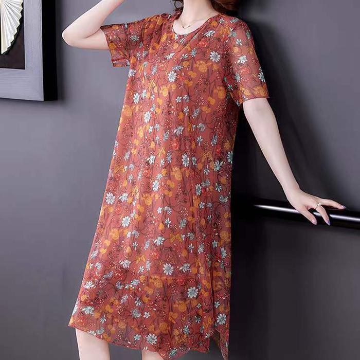 Large Size Short-sleeved Dress Women Summer Mid-length Round Neck Print Small Floral Comfort and Cool