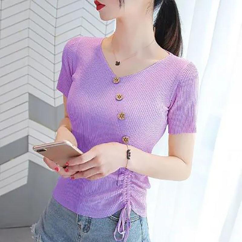 Women Slim Knit Sweater V-neck Pullover Temper Elegant T-shirt Casual Comfortable Shirt Summer