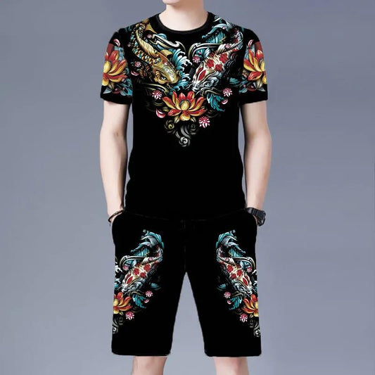 Summer Plus Size Men's Short-sleeved T-shirt Shorts Suit Sports and Leisure Two-piece Suit Plus Fat Plus Men's Suit