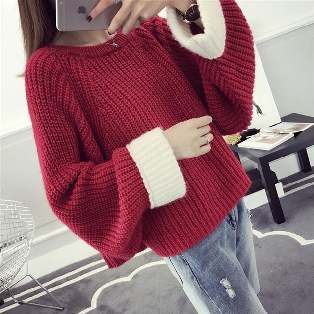 Autumn and Winter Short Casual Sweater Pullover Loose Casual Top Round Neck Long Sleeve Women's Sweater