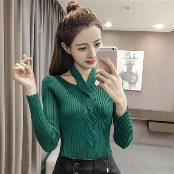 Autumn and Winter Hanging Neck Casual Sweater Retro Scottish Style Top V-neck Thin Women's Bottoming Shirt