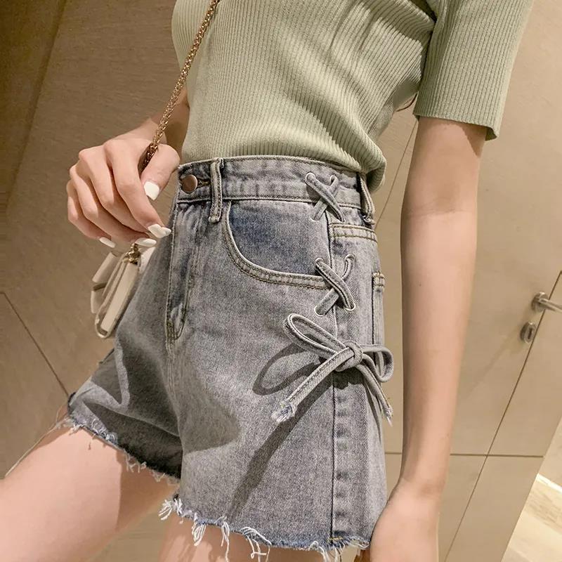 WTEMPO Women Loose High Waist Denim Cross Straps Shorts Spring and Summer Wide Leg A-line Thin Casual Shorts