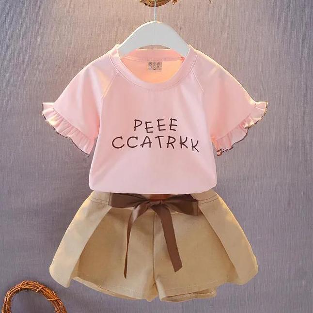 2PCS Children Clothing Set Spring Summer Solid Color Girls Suits Printing Short Sleeve Tops + Short Clothing Set