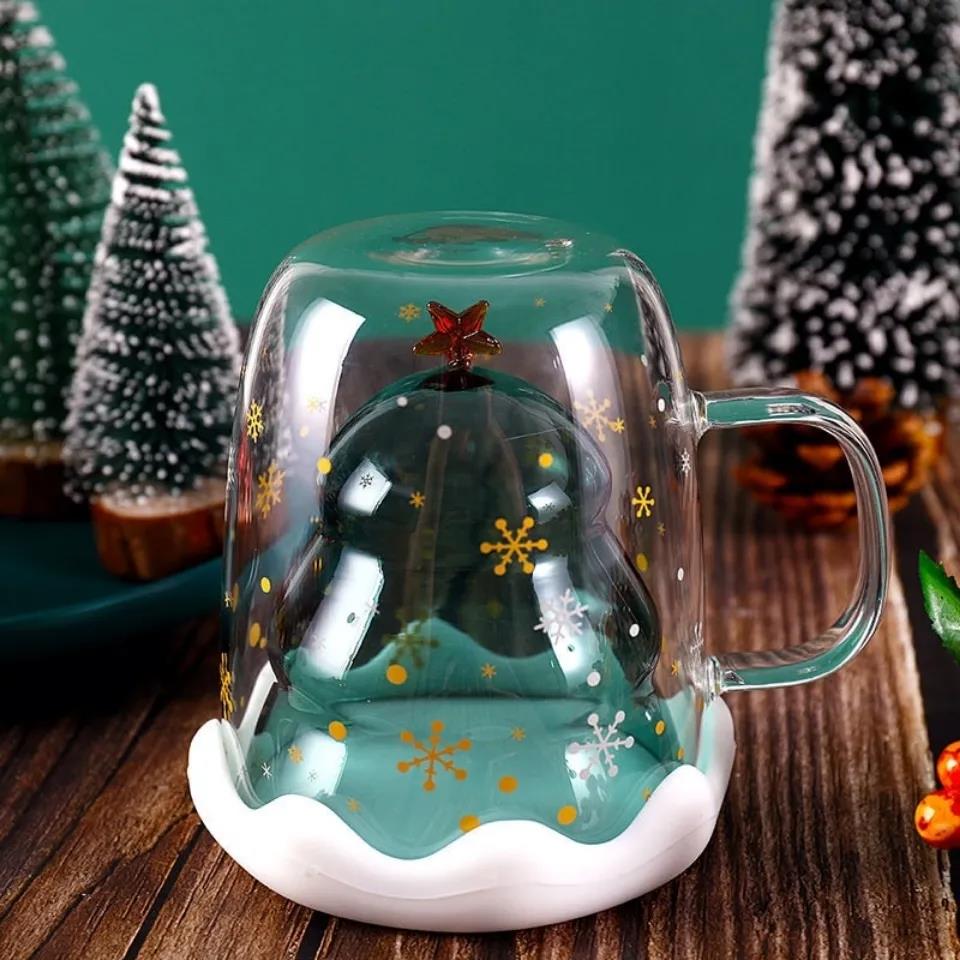 250ML Christmas Mug Creative Glass Mug Christmas Tree Star Cup High Temperature Resistant Mug Double Layer Water Cups Xmas Gifts