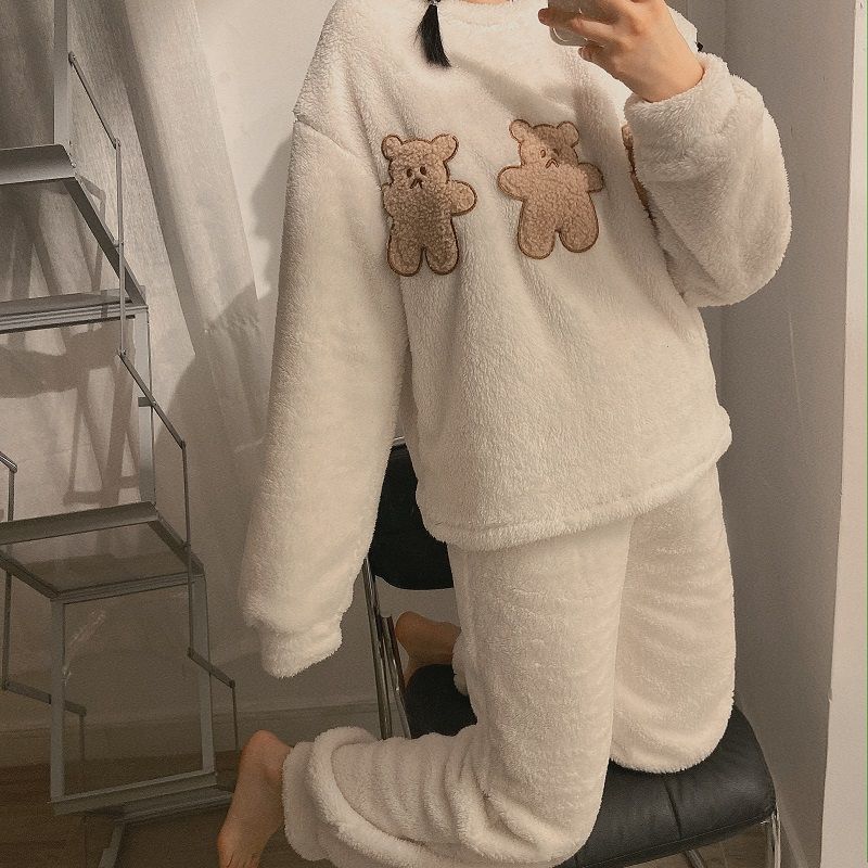 Women's Winter Thick and Velvet Korean Pajamas Suit Fashion Flannel Cartoon Outer Wear Cute Sweet Home Service