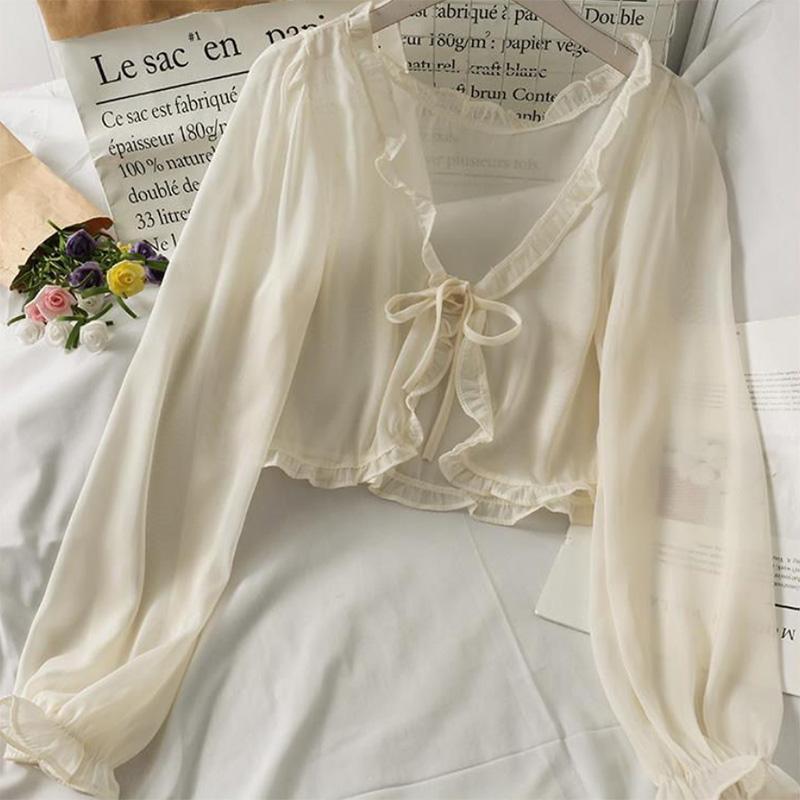 Careful Machine Short Bow Tie with Fungus Edge Small Shawl Female Loose Long-sleeved All-match Sunscreen Shirt Cardigan